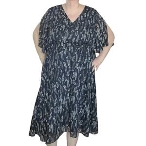 ELOQUII Size 20 Plus Navy Feather Print Midi Dress Dark Fairy Boho Feminine
